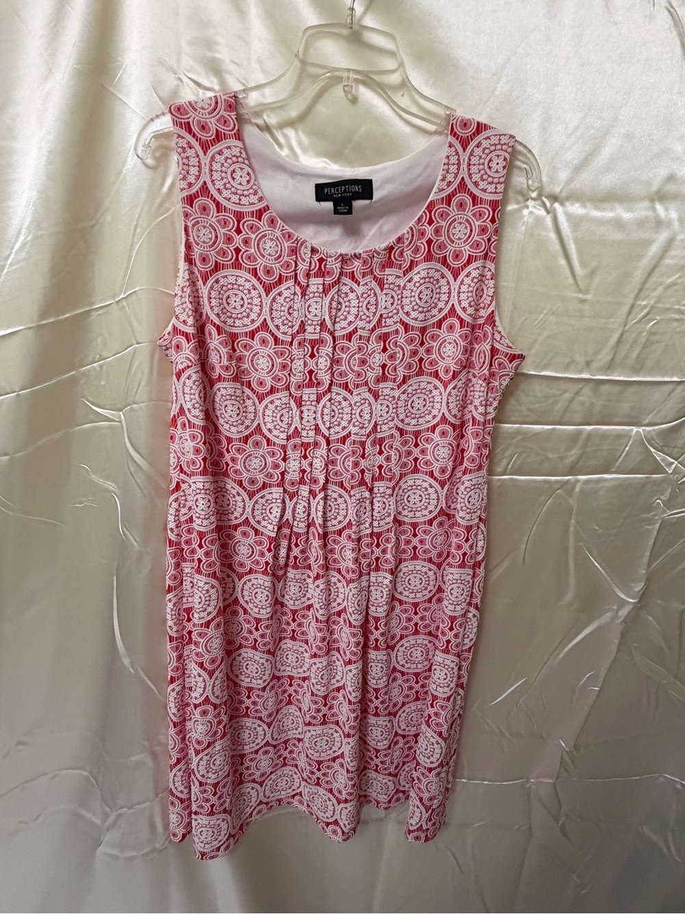Perceptions New York Pink White Lace Print Sleeveless Shift Dress Size Large